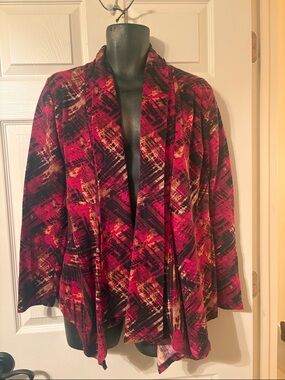 Kasper Red & Black Abstract Print Open Cardigan